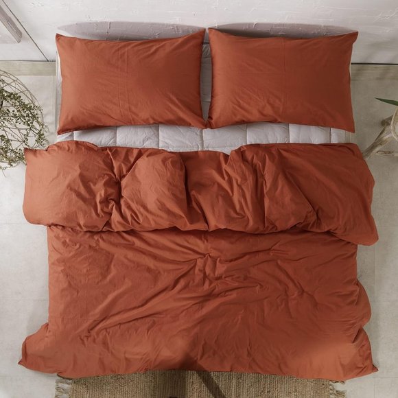 Bed Set 3 piece queen size duvet with pillowcases rust orange color 100% cotton - Picture 3 of 11